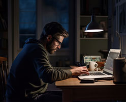 Joven estudiando frente a su computadora en horario nocturno