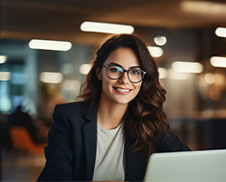 Mujer joven sonriendo junto a su computadora en la universidad